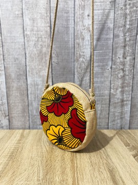 Petit sac rond / Wax fleurs rouges / Toile de jute / Tissu africain